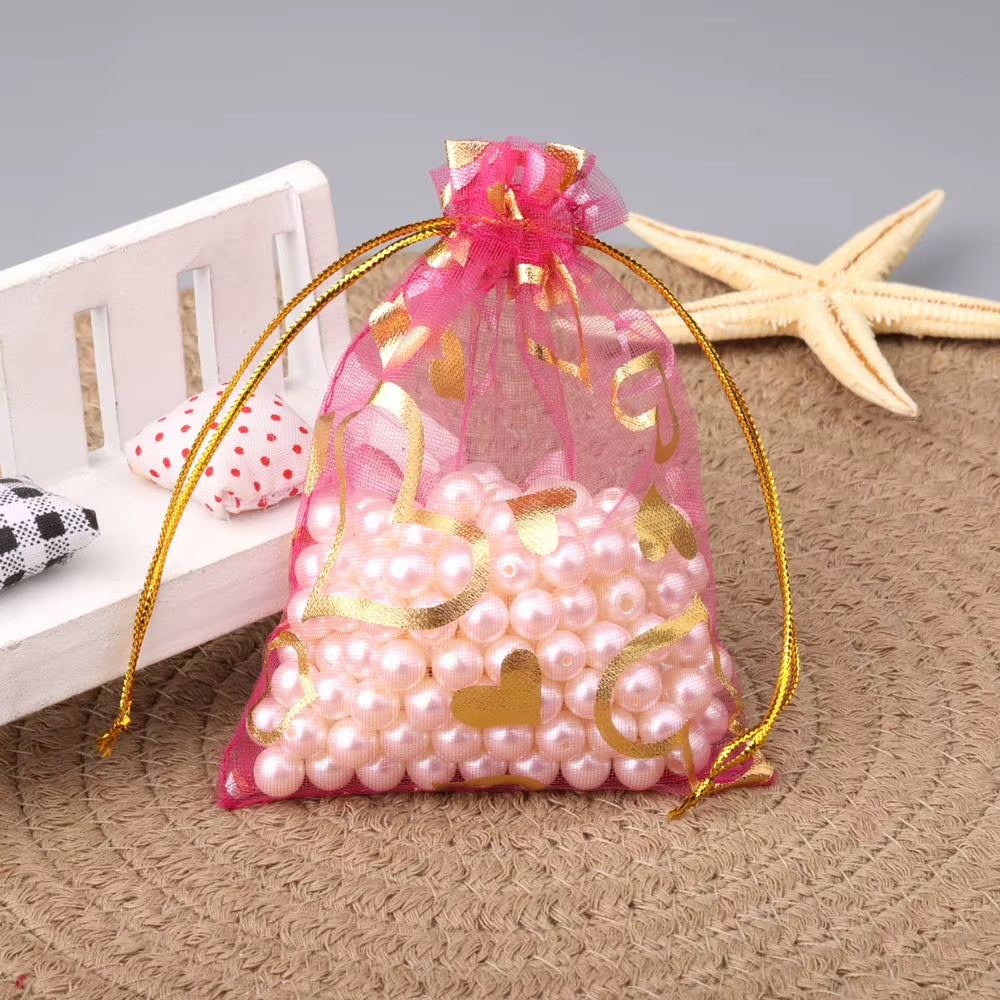 25Pcs/Lot Jewelry Bag Organza Colorful Hot Gold Color Heart Print Gifts Pouches Wedding Christmas Party Candy Jewelry Packing