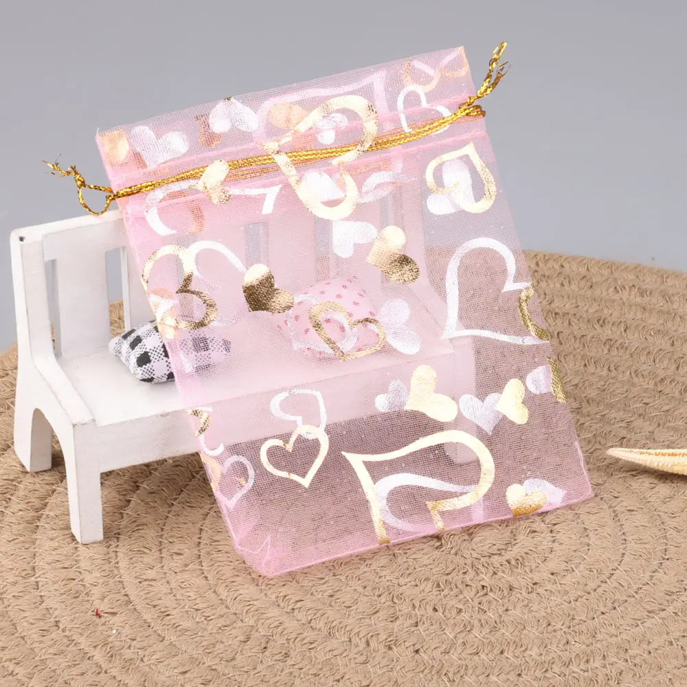 25Pcs/Lot Jewelry Bag Organza Colorful Hot Gold Color Heart Print Gifts Pouches Wedding Christmas Party Candy Jewelry Packing