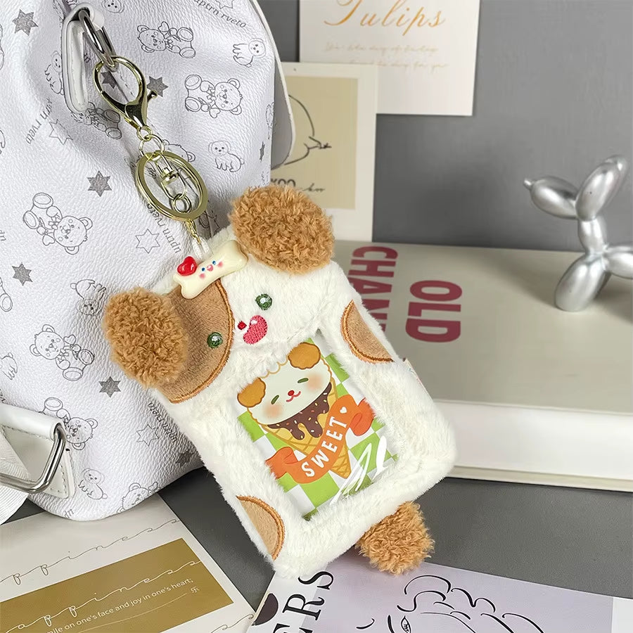 Cartoon Animal Plush Card Sleeve Transparent Love Bean Small Card Display Pendant Student Card Bag Key Chain