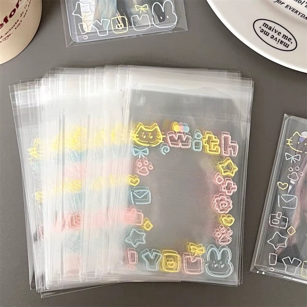 50Pcs Transparent Cute Pattern Self-Adhesive Opp Bag for Kpop Idol Photo Cards Protective Storage Bag Photocard Card Sleeves