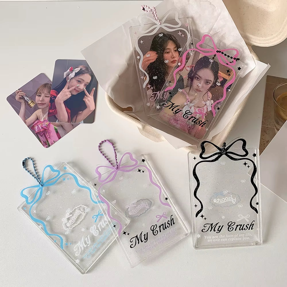 Cute Kpop Photocard Protector! Bow Clear Card Holder 3 Inch ID Photo Sleeve Keychain