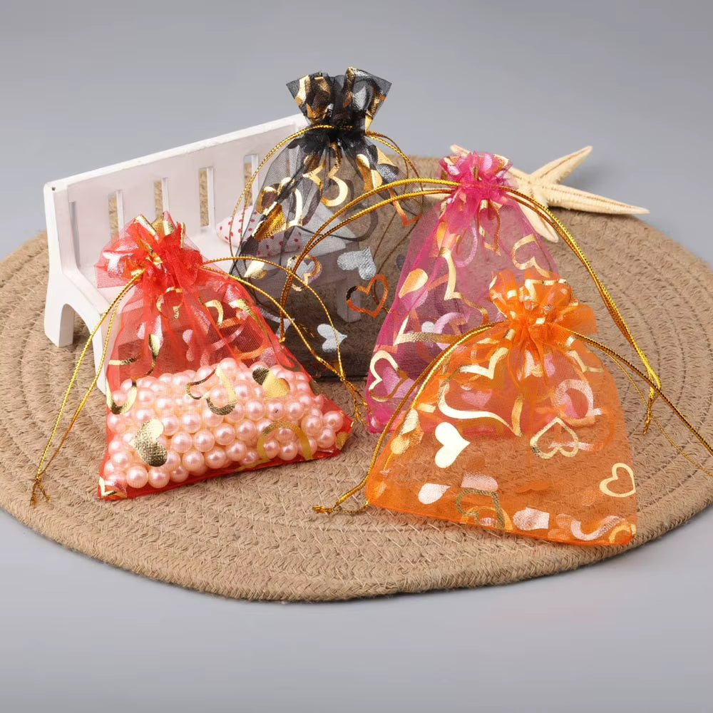 25Pcs/Lot Jewelry Bag Organza Colorful Hot Gold Color Heart Print Gifts Pouches Wedding Christmas Party Candy Jewelry Packing