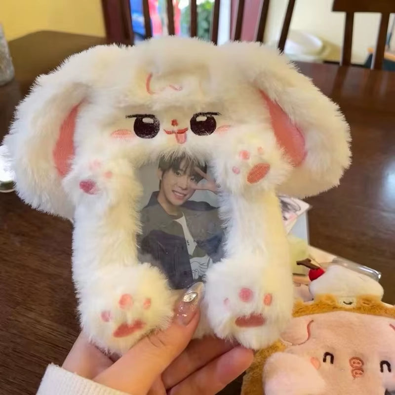 Cute Plush Kpop Photocard Holder with Keychain Cartoon Rabbit Idol Photo Sleeves ID Bank Credit Card Case Protector Bag Pendant