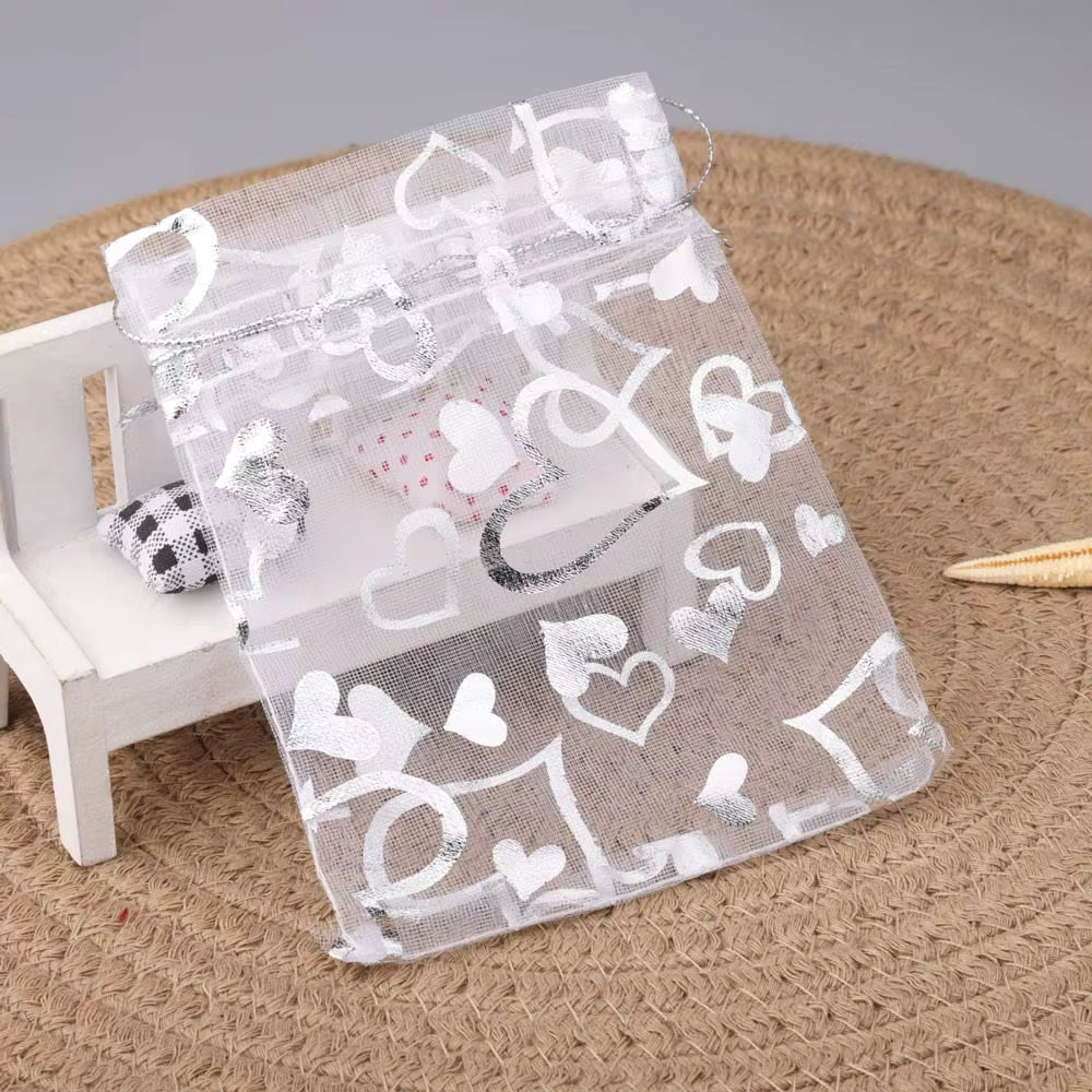 25Pcs/Lot Jewelry Bag Organza Colorful Hot Gold Color Heart Print Gifts Pouches Wedding Christmas Party Candy Jewelry Packing