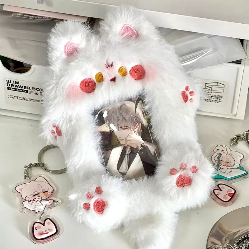 Cute Plush Kpop Photocard Holder with Keychain Cartoon Rabbit Idol Photo Sleeves ID Bank Credit Card Case Protector Bag Pendant