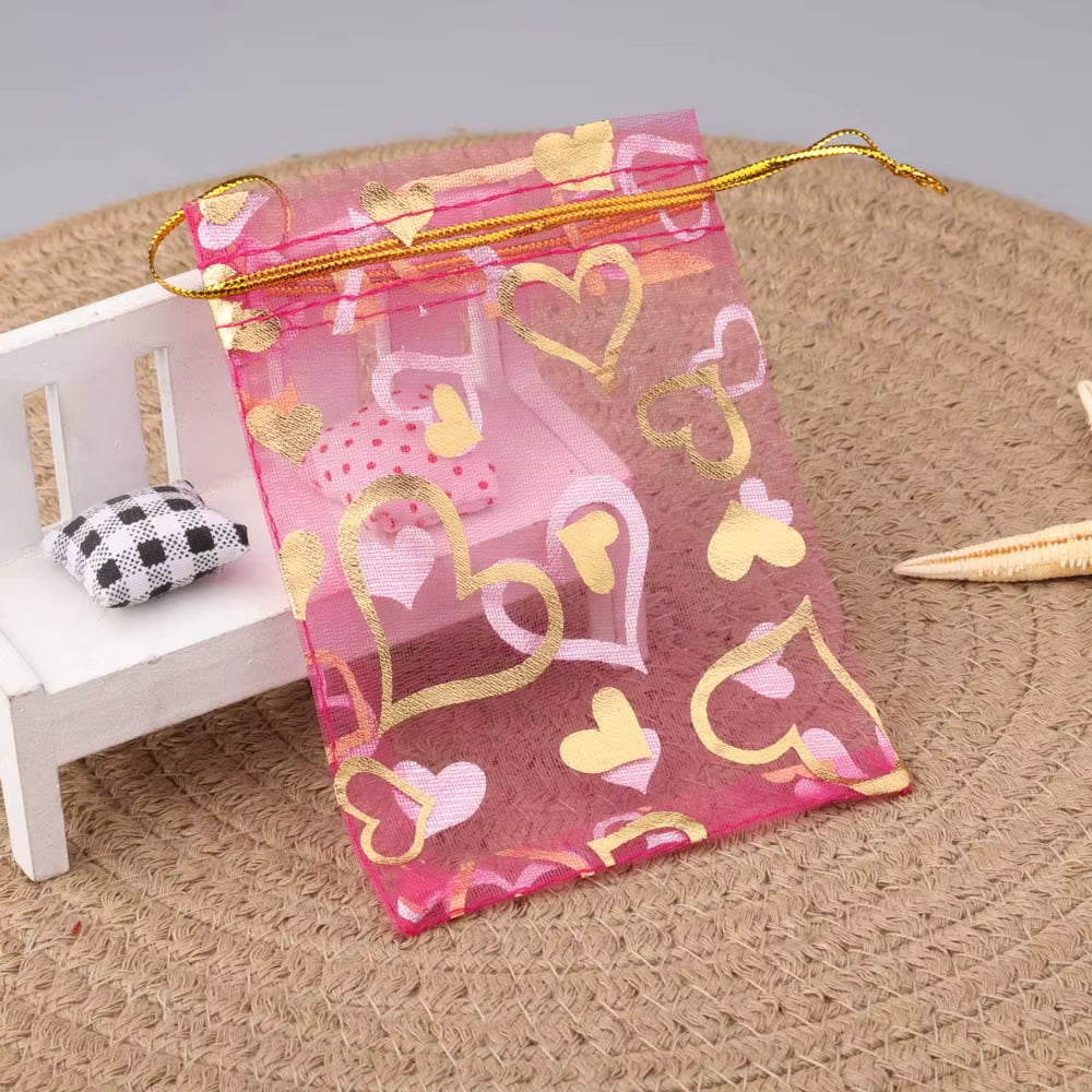 25Pcs/Lot Jewelry Bag Organza Colorful Hot Gold Color Heart Print Gifts Pouches Wedding Christmas Party Candy Jewelry Packing