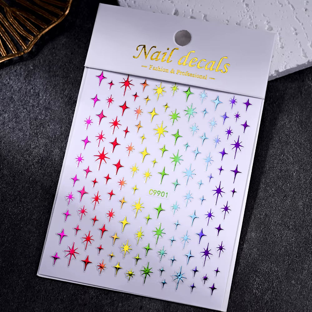 1Pcs 5D Laser Silver Inlaid Diamond Star Nail Art Sticker Four-Pointed Stars Adhesive Relief Slider Y2K Starlight Manicure Decal