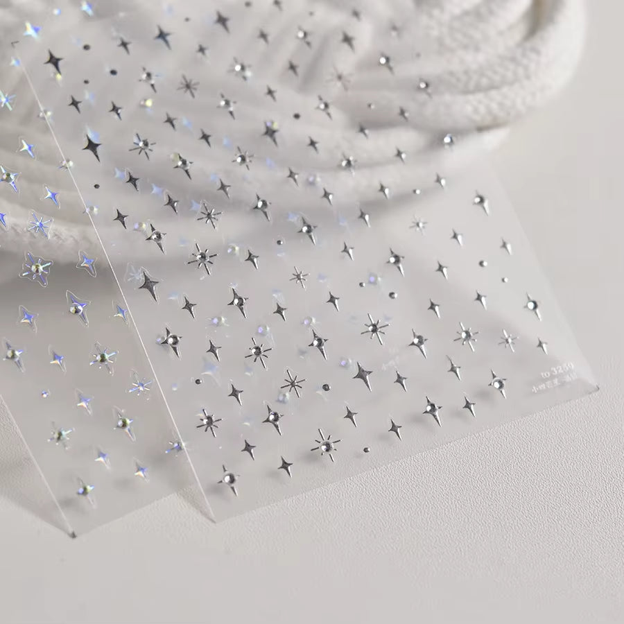 1Pcs 5D Laser Silver Inlaid Diamond Star Nail Art Sticker Four-Pointed Stars Adhesive Relief Slider Y2K Starlight Manicure Decal