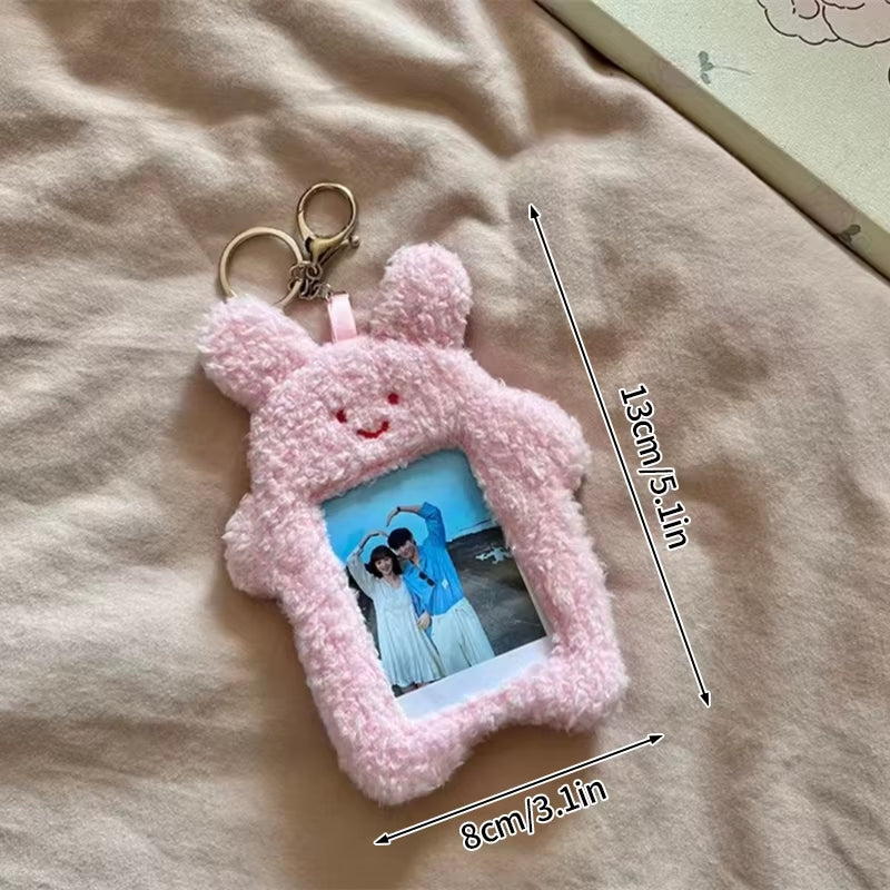 Cute Plush Kpop Photocard Holder with Keychain Cartoon Rabbit Idol Photo Sleeves ID Bank Credit Card Case Protector Bag Pendant