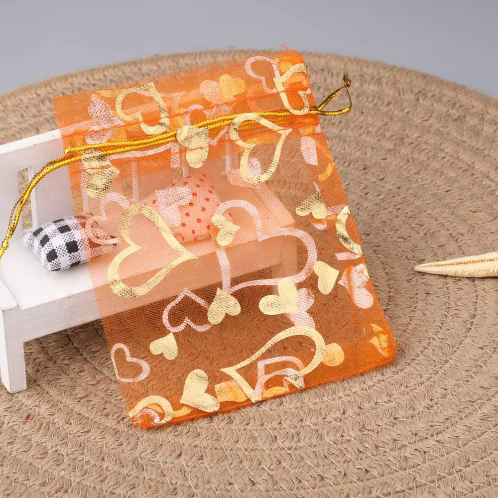 25Pcs/Lot Jewelry Bag Organza Colorful Hot Gold Color Heart Print Gifts Pouches Wedding Christmas Party Candy Jewelry Packing