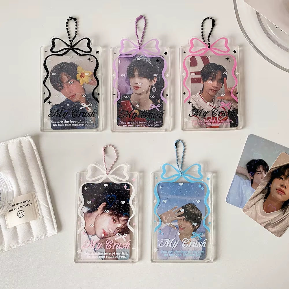 Cute Kpop Photocard Protector! Bow Clear Card Holder 3 Inch ID Photo Sleeve Keychain